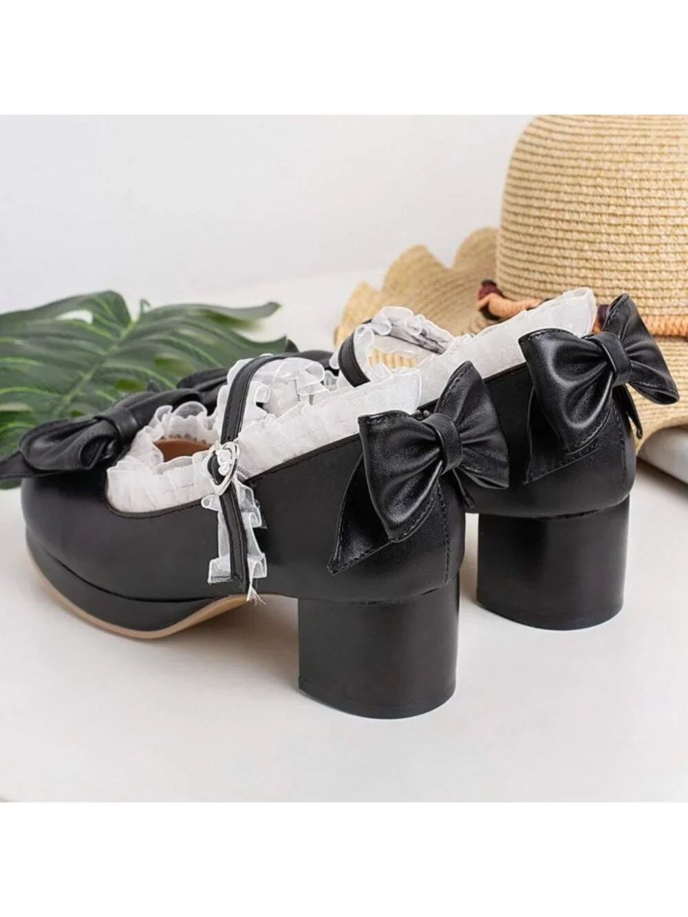 Kawaii Mid Block Heel Mary Jane Pumps with Bow | Rockabilly Style Shoes for